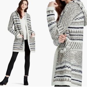 Lucky Brand Hooded Cardigan L Large Jacquard Southwest Western Aztec Pockets